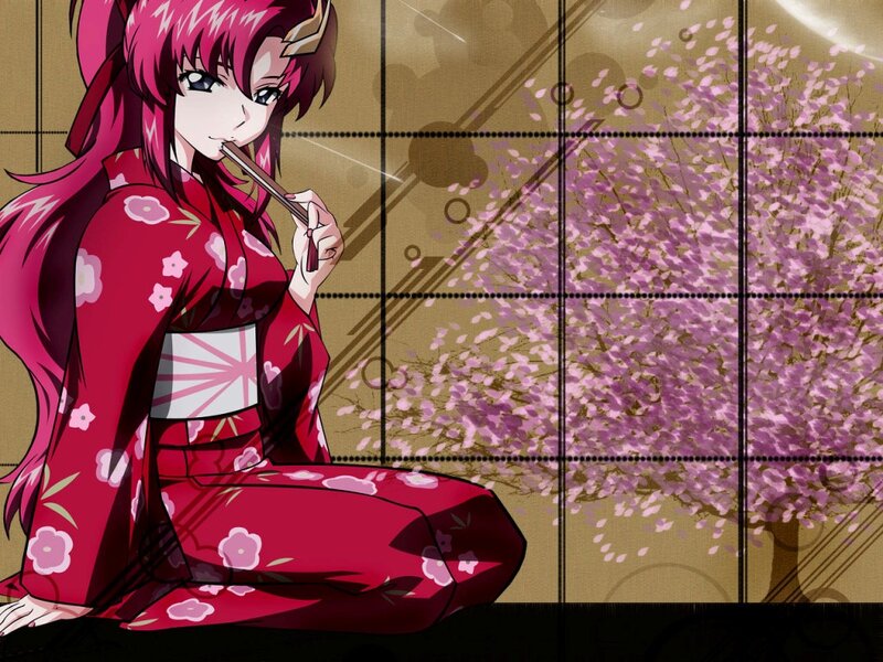 Anime Woman in Kimono — Red, Serene, Spring, Cherry Blossoms