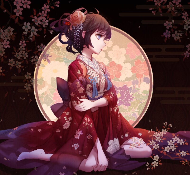 Anime Woman in Kimono — Red, Serene, Spring, Digital Art, Cherry Blossoms