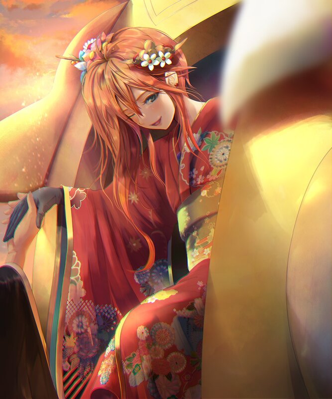 Anime Woman in Kimono — Red, Serene, Sunset, Digital Art