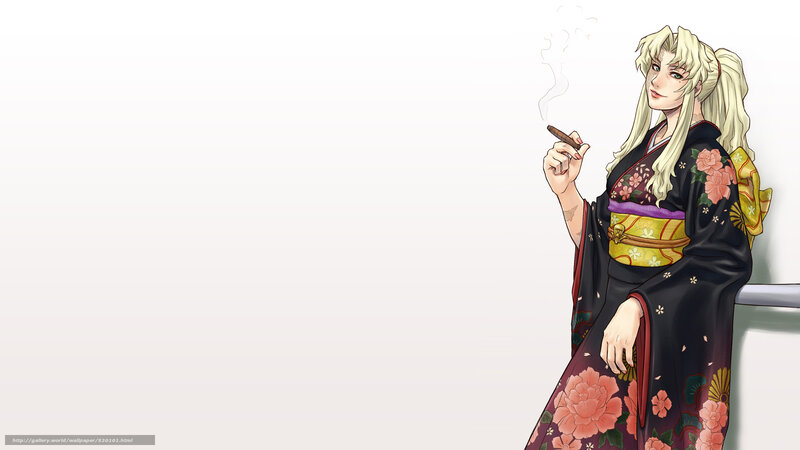 anime woman in kimono smoking