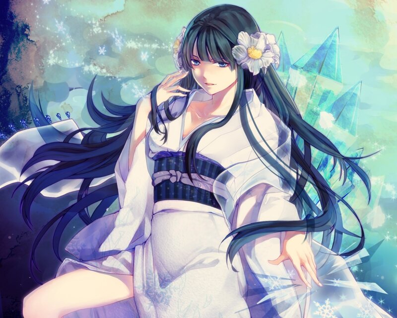 Anime Woman in Kimono — White, Serene, Digital Art, Flower