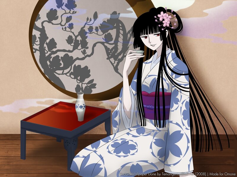 Anime Woman in Kimono — White, Serene, Digital Art, Tea Cup