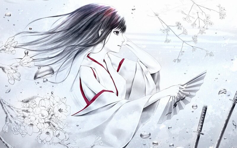 Anime Woman in Kimono — White, Serene, Spring