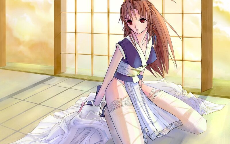 Anime Woman in Kimono — White, Serene, Sunset, Tatami Mat