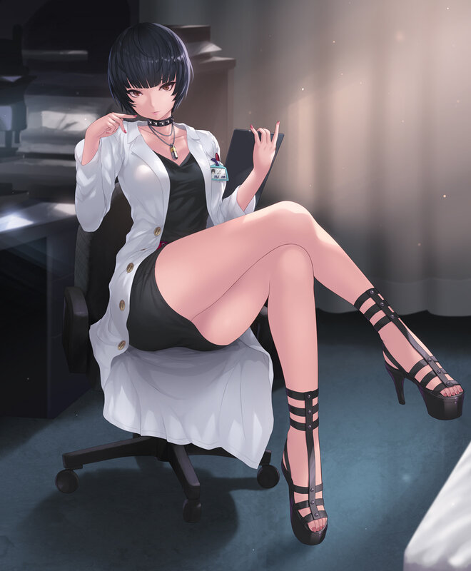 Anime Woman in Lab Coat — White, Dramatic