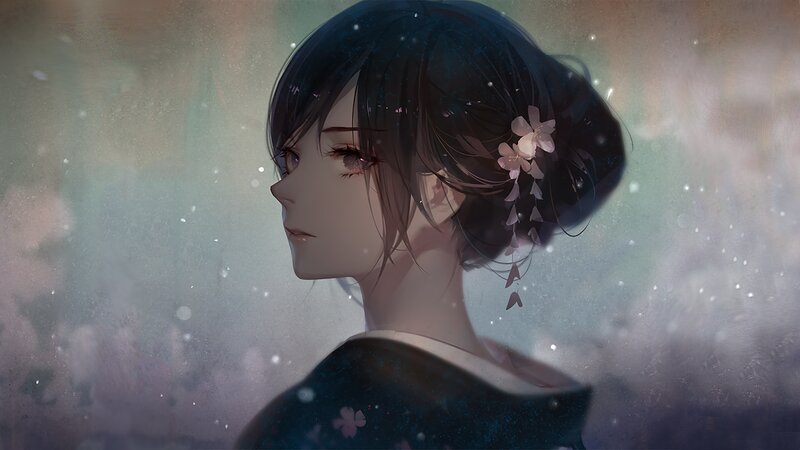 Anime Woman in Profile — Blue, Serene, Spring
