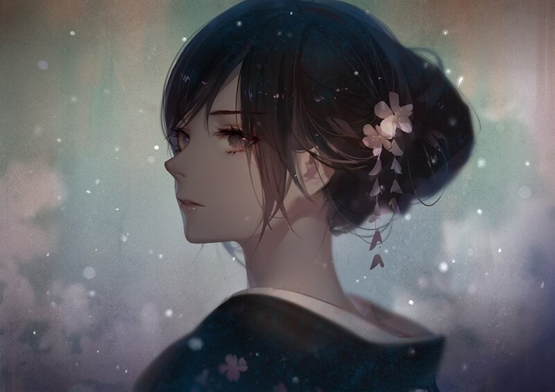 Anime Woman in Profile — Blue, Serene