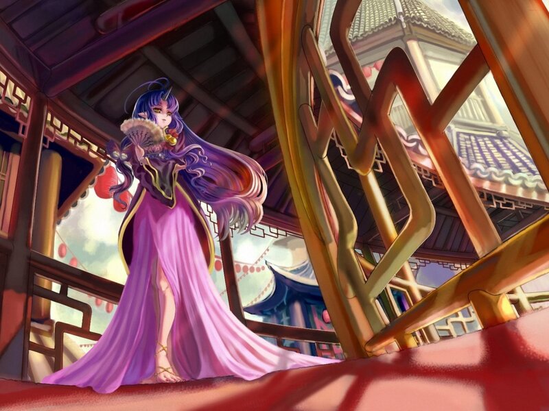 Anime Woman in Purple Dress — Dramatic, Afternoon