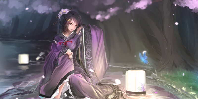 Anime Woman in Purple Kimono — Serene, Night, Digital Art, Lanterns