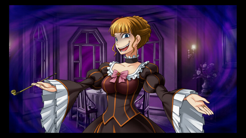 anime woman in purple room