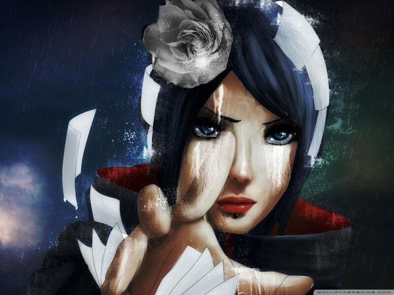 Anime Woman in Rain — Blue, Dramatic, Night, Digital Art