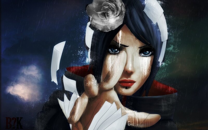Anime Woman in Rain — Blue, Dramatic, Night