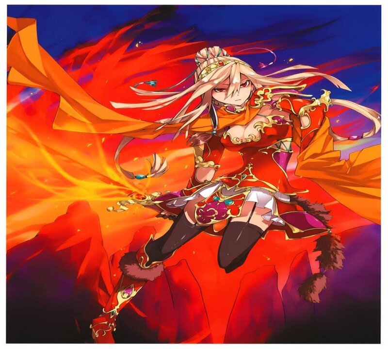 Anime Woman in Red Armor — Dramatic, Fire