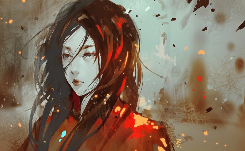 Anime Woman in Red Coat — Dramatic, Autumn