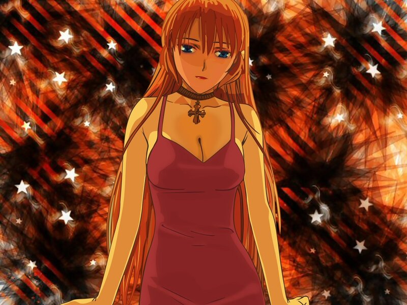 Anime Woman in Red Dress — Dramatic, Cross Necklace