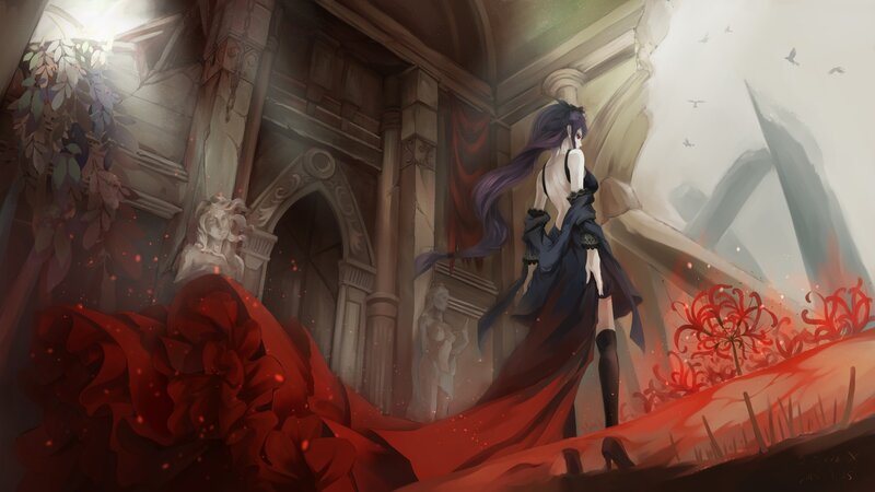 Anime Woman in Red Dress — Dramatic, Digital Art, Statue