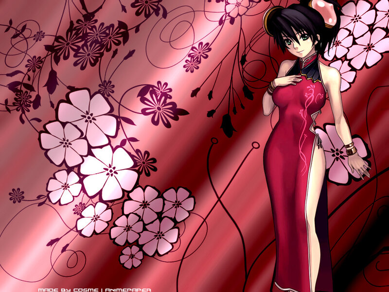 Anime Woman in Red Dress — Dramatic, Flowers, Cherry Blossoms