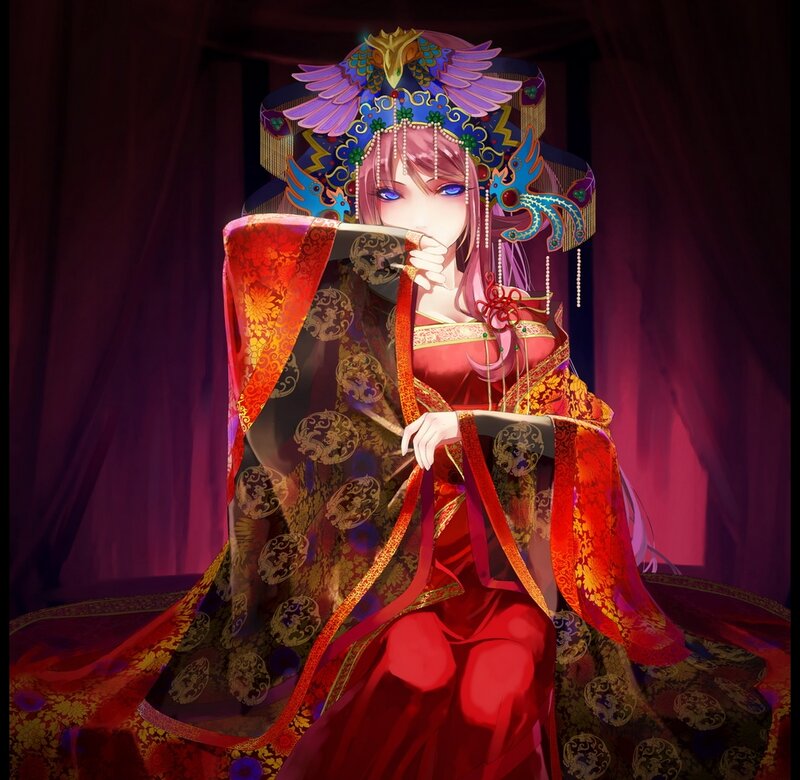 Anime Woman in Red Dress — Dramatic, Night, Digital Art, Headdress