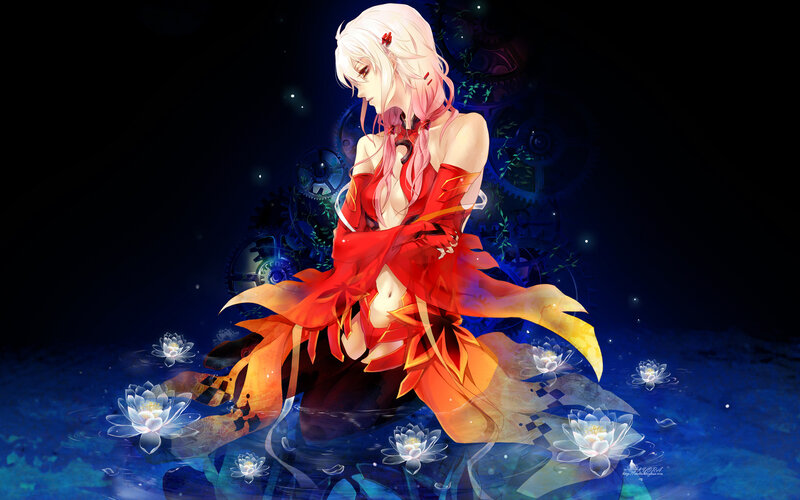 Anime Woman in Red Dress — Dramatic, Night, Digital Art, Lotus Flowers