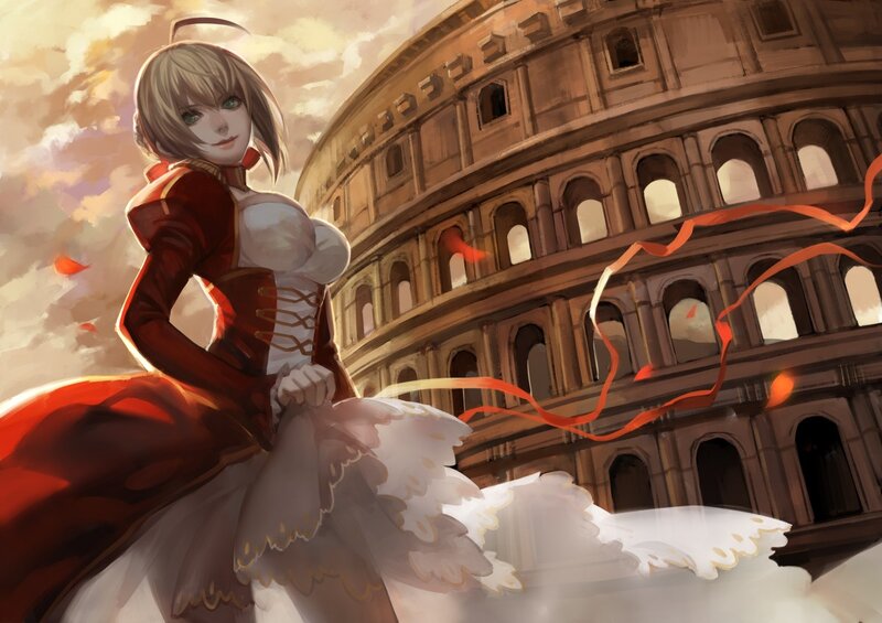Anime Woman in Red Dress — Dramatic, Sunset, Digital Art, Colosseum