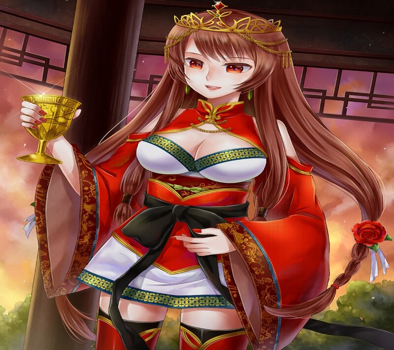 Anime Woman in Red Dress — Dramatic, Sunset, Digital Art