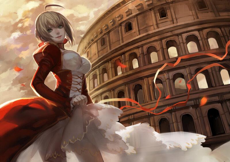 Anime Woman in Red Dress — Dramatic, Sunset