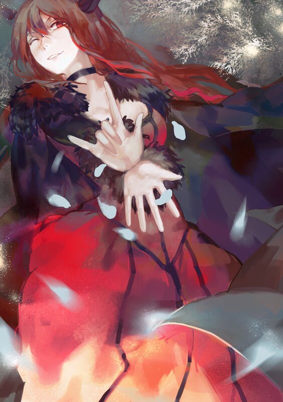 Anime Woman in Red Dress — Dramatic, Winter