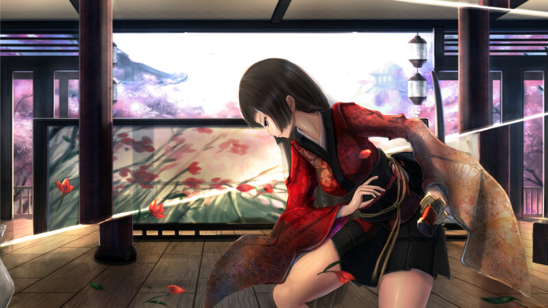 Anime Woman in Red Kimono — Dramatic, Spring