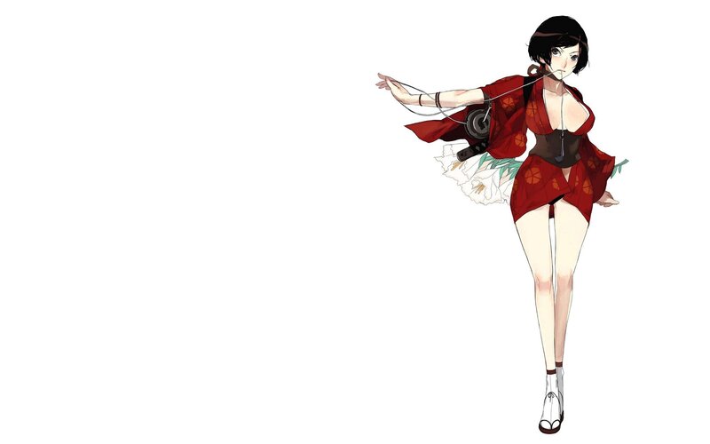 Anime Woman in Red Kimono — Dynamic, Manga, Headphones