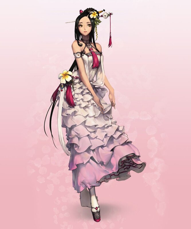 anime woman in ruffled dress