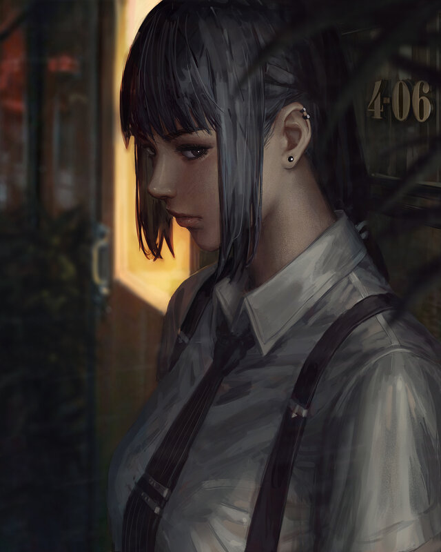 Anime Woman in Uniform — Gray, Dramatic