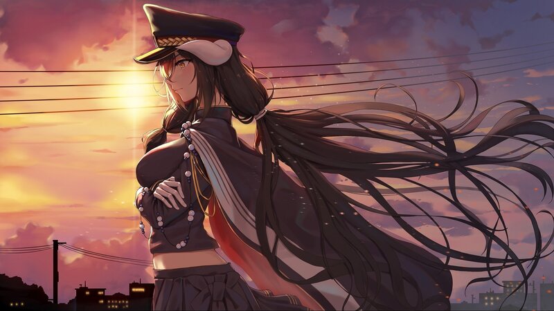 Anime Woman in Uniform — Purple, Dramatic, Sunset