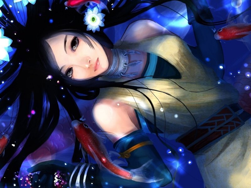 Anime Woman in Water — Blue, Serene, Night, Digital Art, Fish