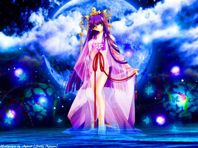 Anime Woman in Water — Blue, Serene, Night, Digital Art, Moon