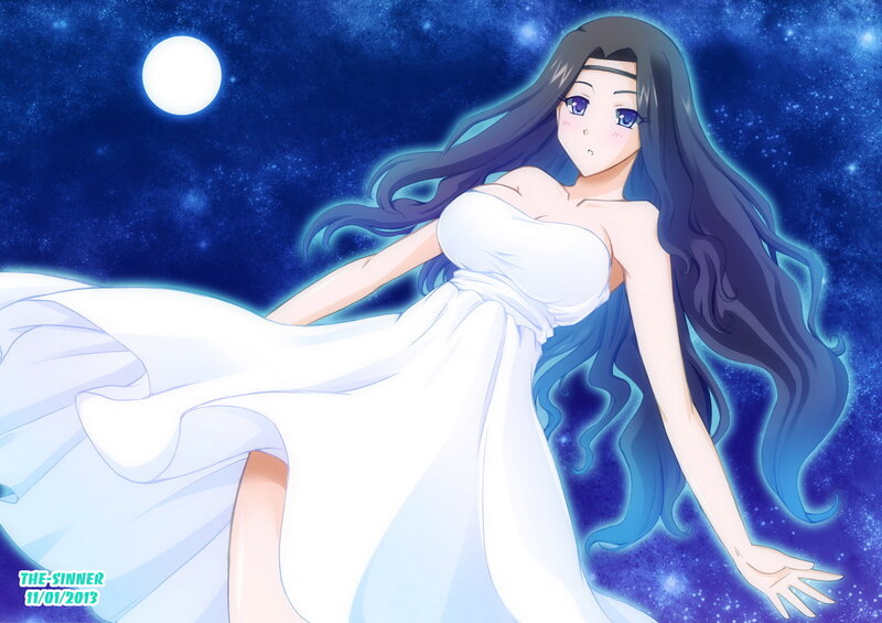 Anime Woman in White Dress — Blue, Serene, Night