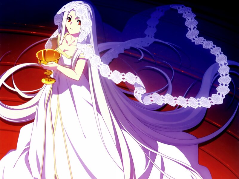 Anime Woman in White Dress — Dramatic, Gold Chalice