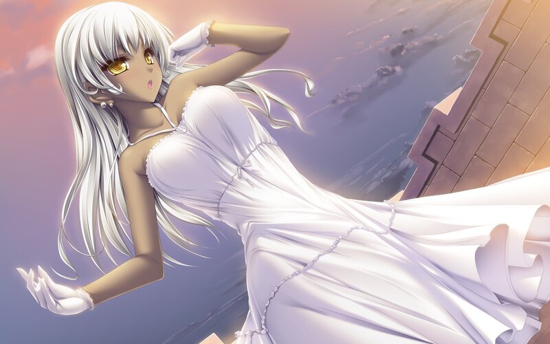Anime Woman in White Dress — Dramatic, Sunset