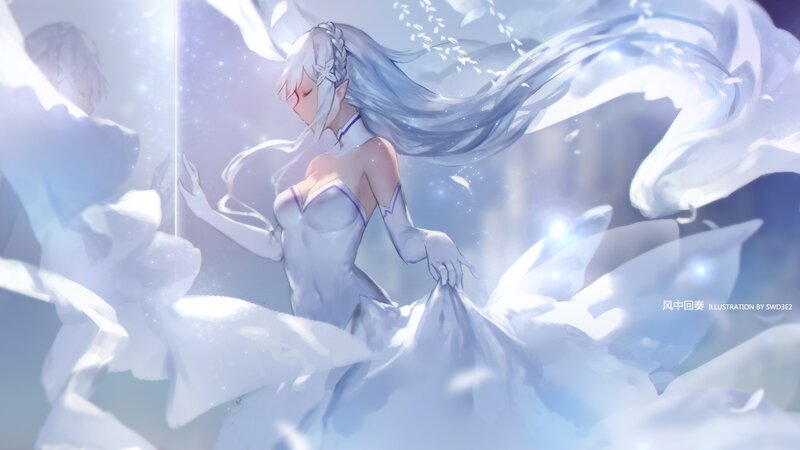Anime Woman in White Dress — Serene, Digital Art, Long Hair, White Dress