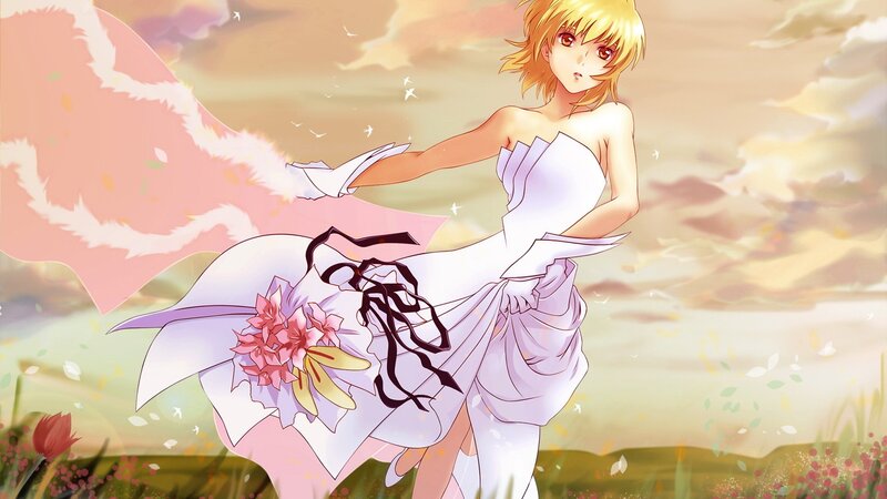 Anime Woman in White Dress — Serene, Sunset