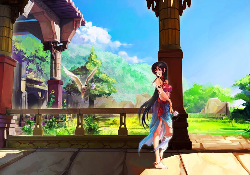 Anime Woman on Balcony — Blue, Serene
