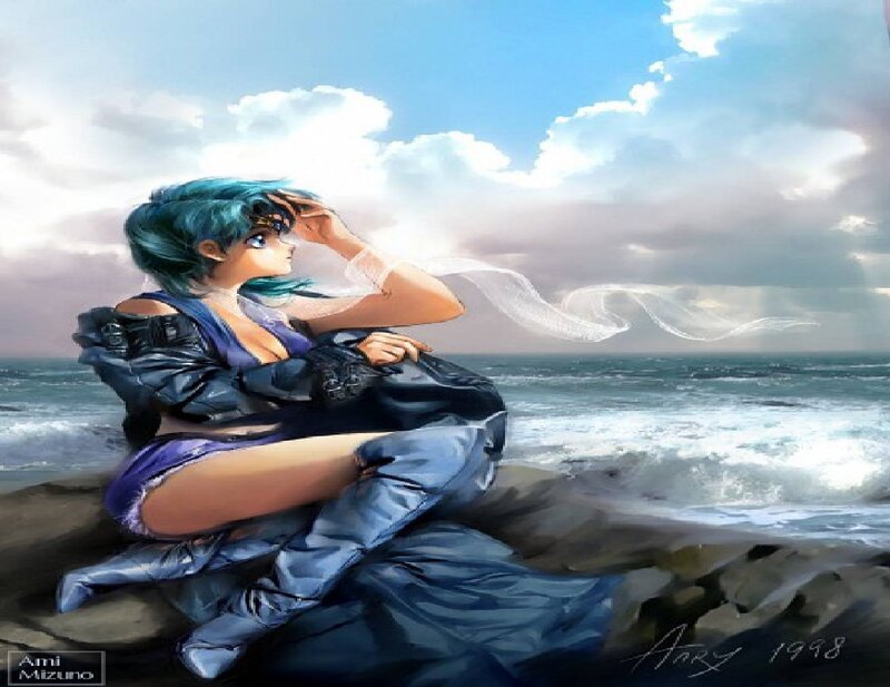 Anime Woman on Beach — Blue