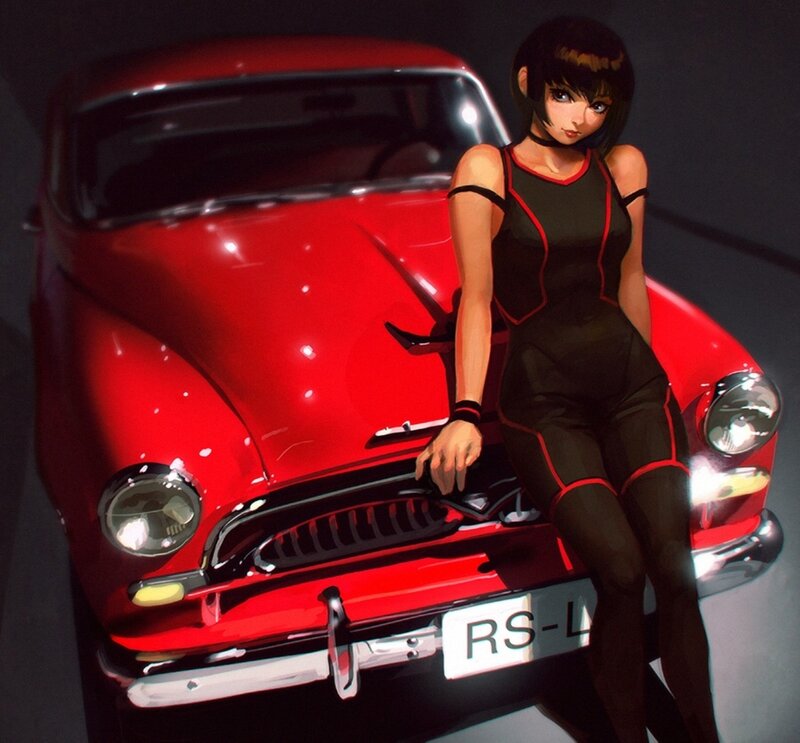 Anime Woman on Car — Red