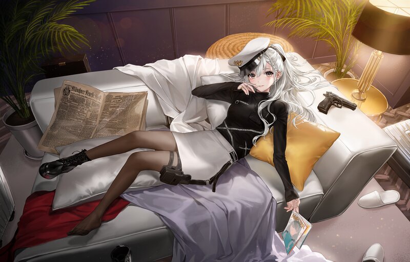 Anime Woman on Couch — White