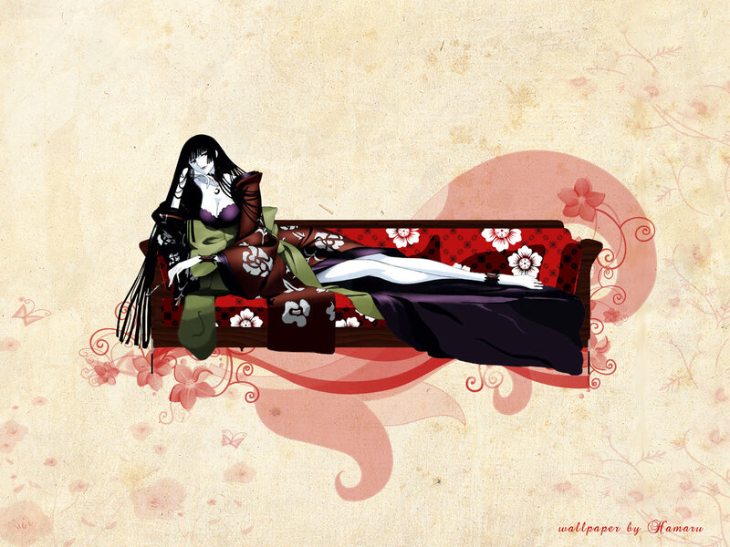 anime woman on floral couch