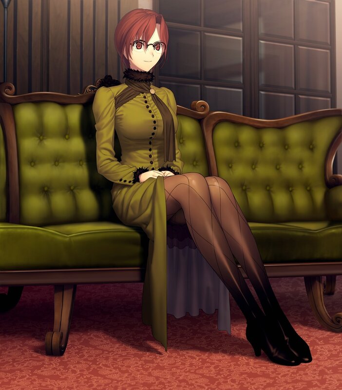 anime woman on green couch