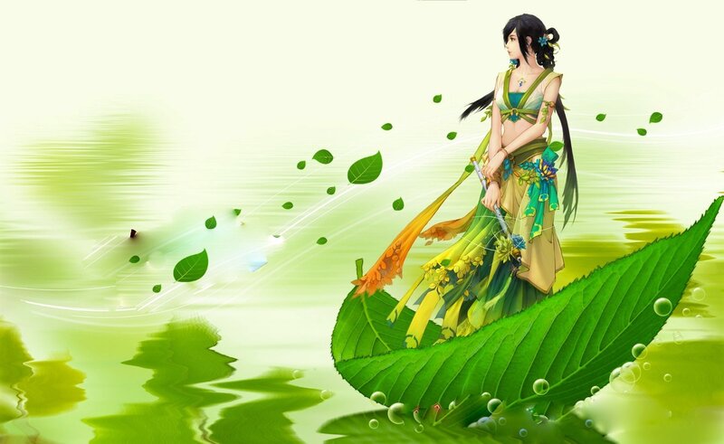 Anime Woman on Leaf