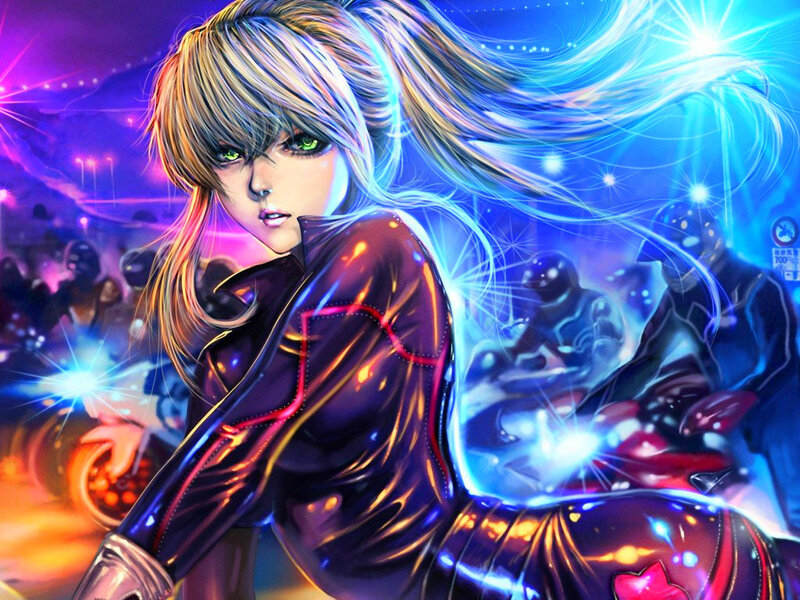 Anime Woman on Motorcycle — Blue