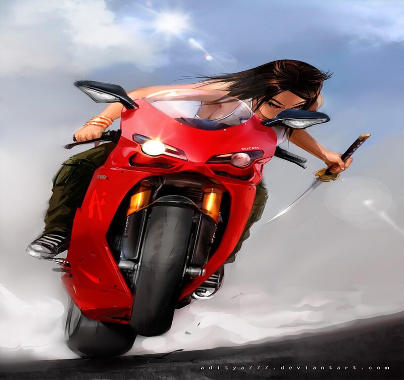 Anime Woman on Motorcycle — Red, Dramatic