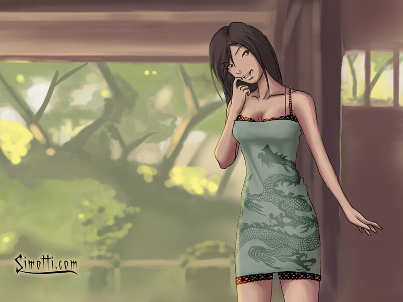 Anime Woman on Phone — Green