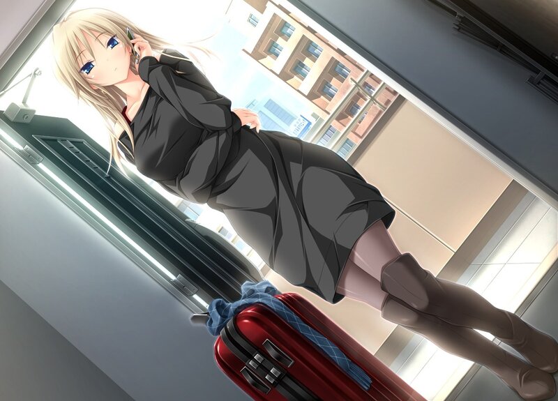 anime woman on phone with suitcase